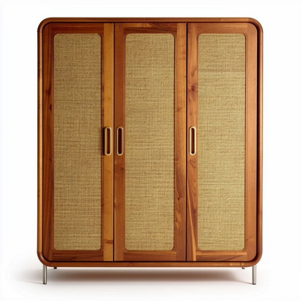 Wooden wardrobe with woven fabric doors 120 x 200 x 60cm natural finish