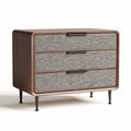 Mid-century modern nightstand with three fabric drawers and walnut finish 80 x 40 x 70cm