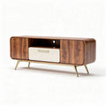 Mid-century modern TV stand with walnut veneer and cream drawer 120 x 40 x 50cm