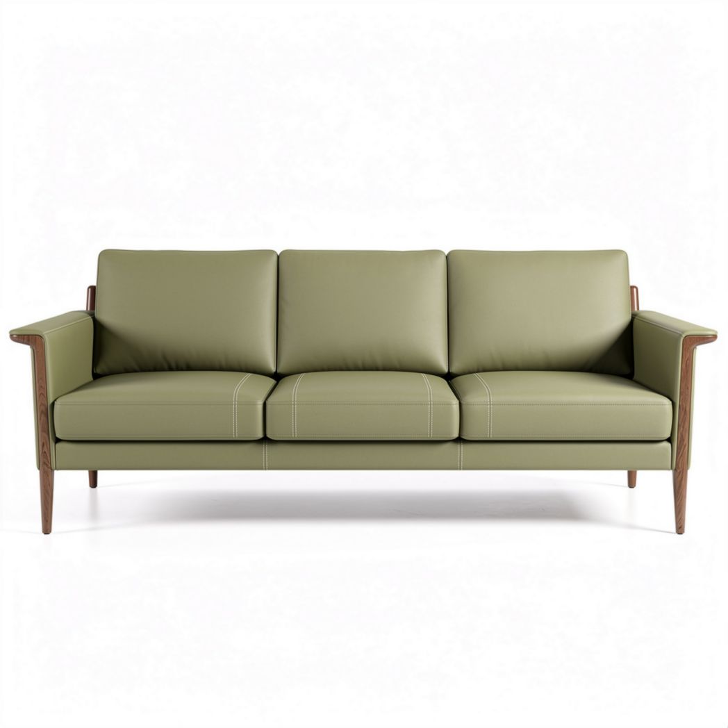 Green leather three-seater sofa with walnut armrests 200 x 90 x 85cm