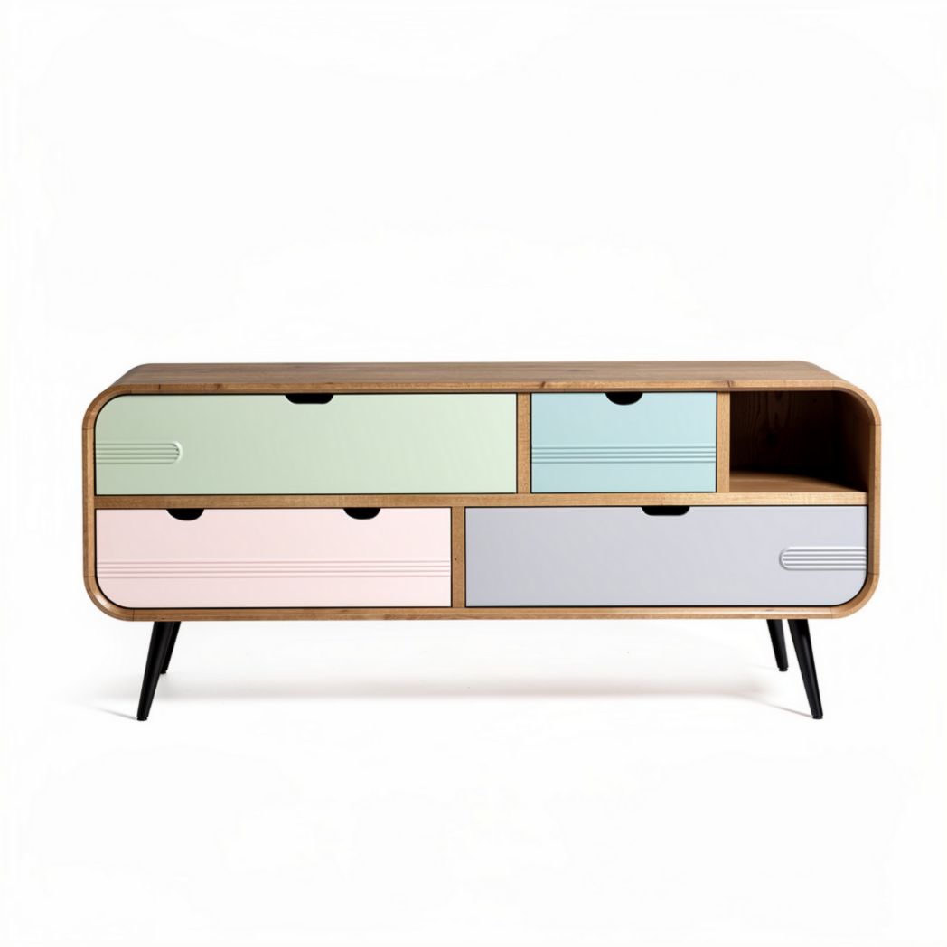Multicolored wooden storage cabinet with drawers and open shelf 120 x 40 x 50cm