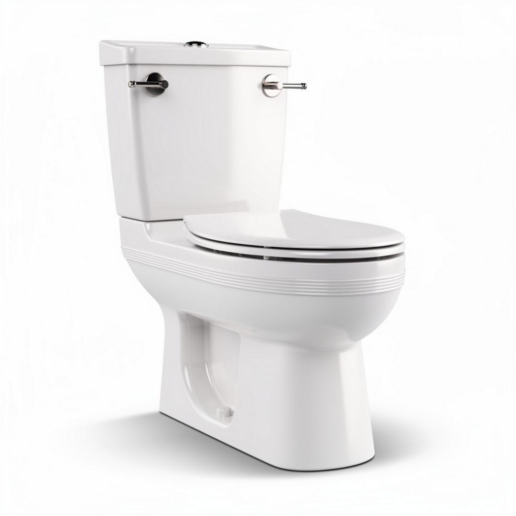 One-piece toilet ceramic construction with elongated bowl and dual flush technology