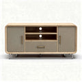 Modern wood and metal media console with storage drawers and open shelves 50 x 15 x 20 inches