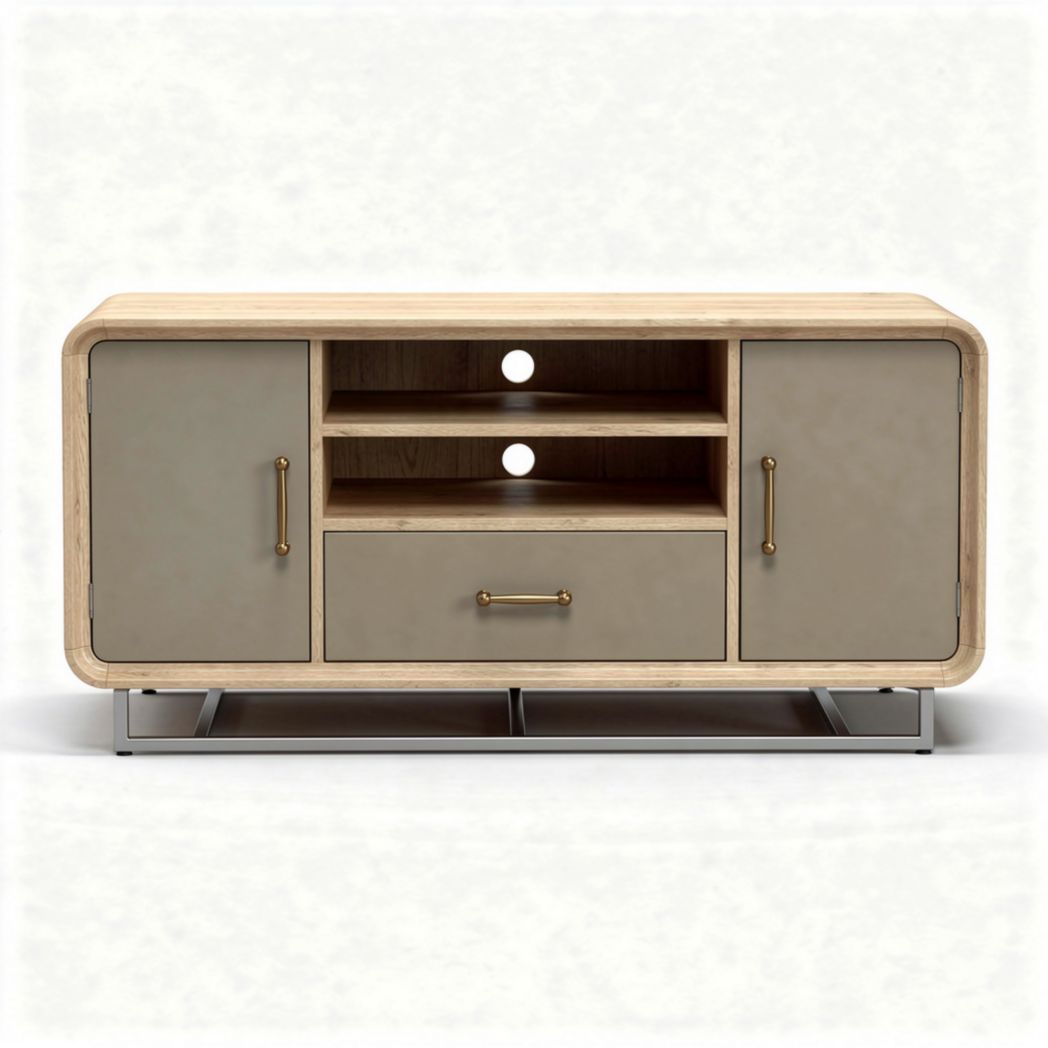 Modern wood and metal media console with storage drawers and open shelves 50 x 15 x 20 inches