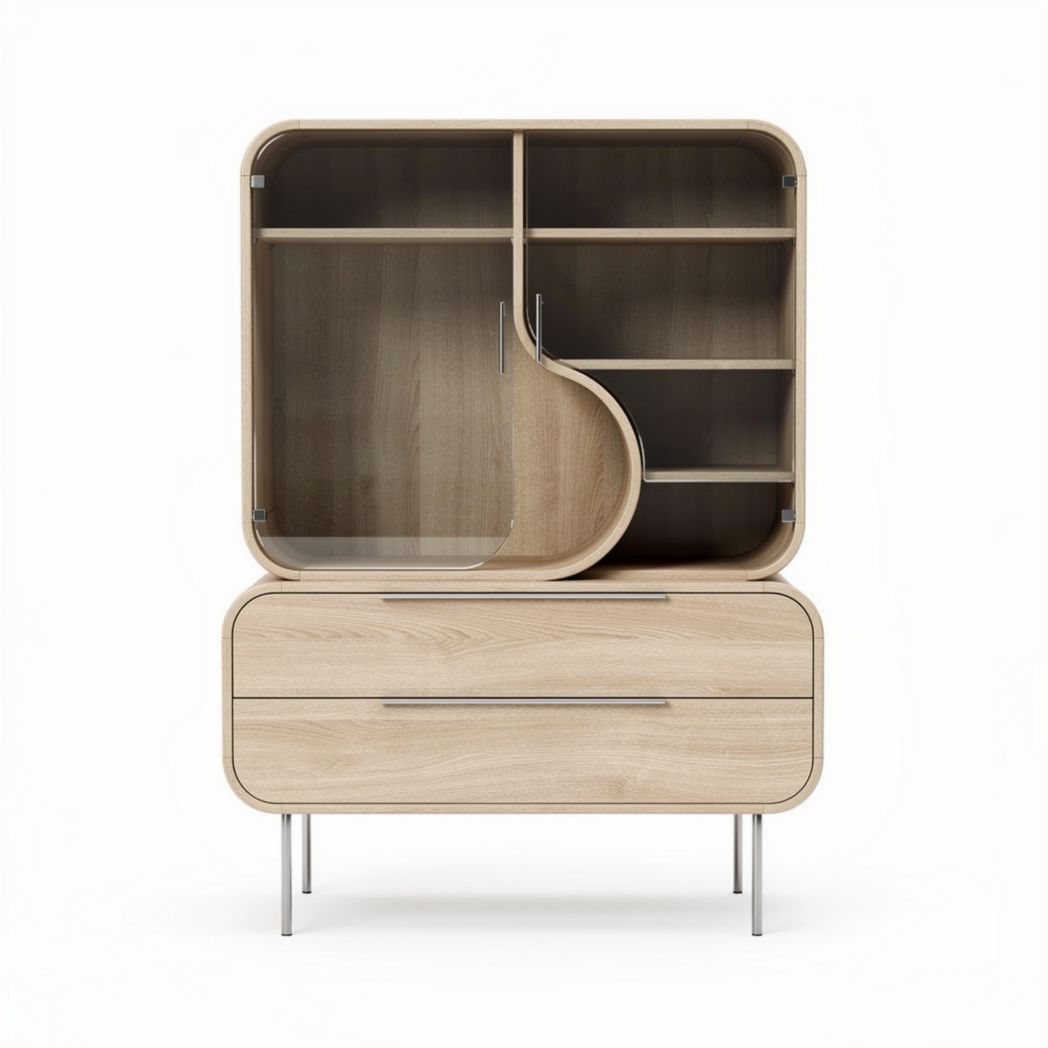 Wooden storage cabinet with glass display doors and multiple shelves 80 x 40 x 150cm