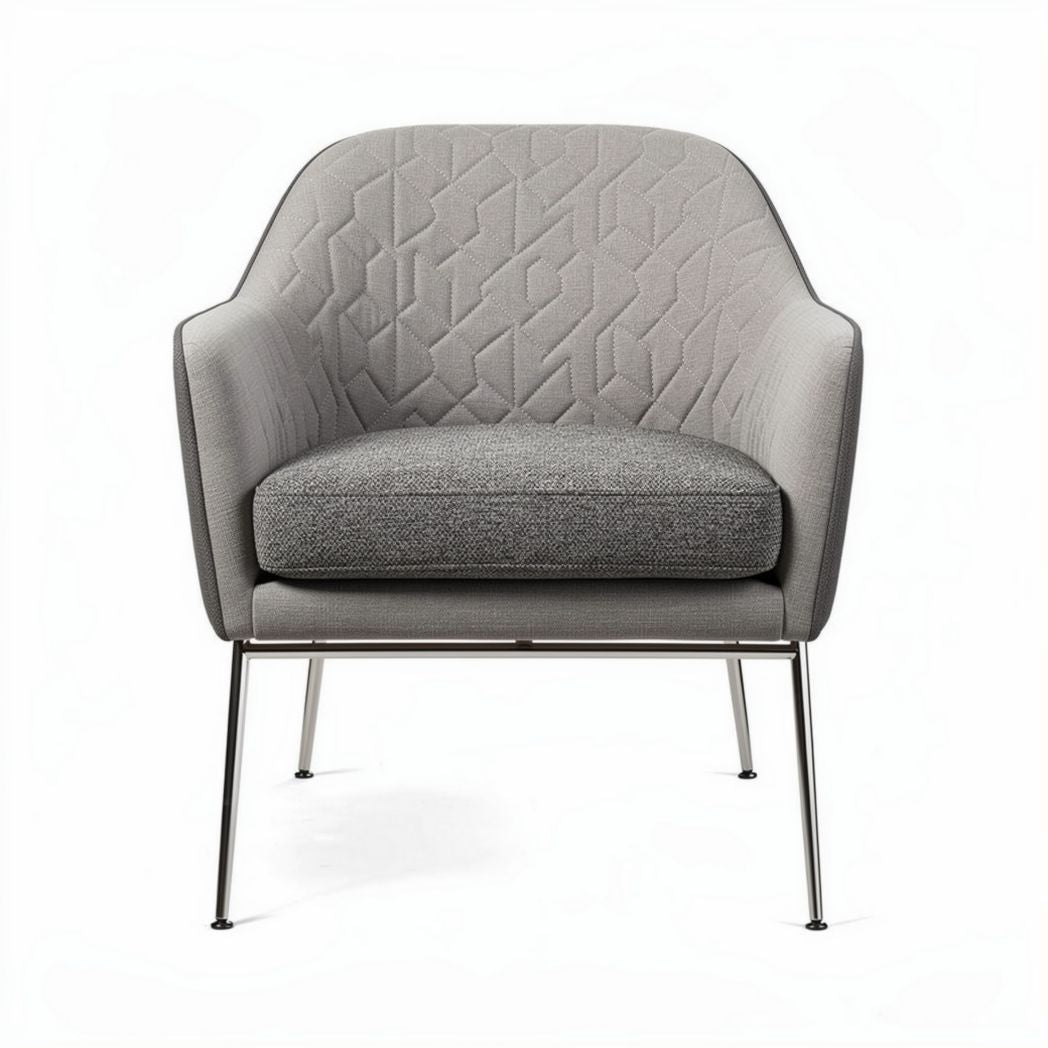 Modern accent chair in gray fabric with chrome legs and ergonomic design