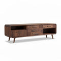 Walnut wood entertainment center with multiple drawers and open shelves 160 x 40 x 50cm