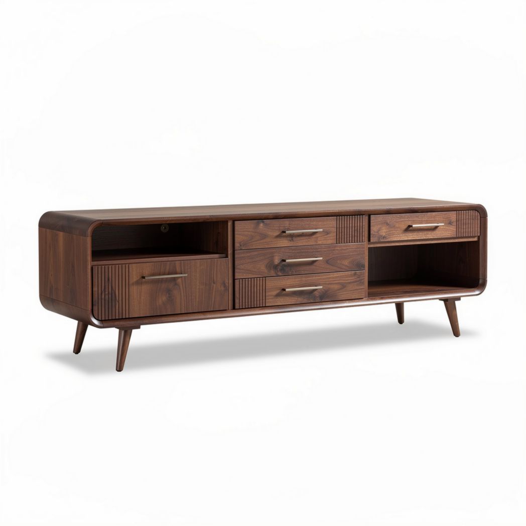 Walnut wood entertainment center with multiple drawers and open shelves 160 x 40 x 50cm